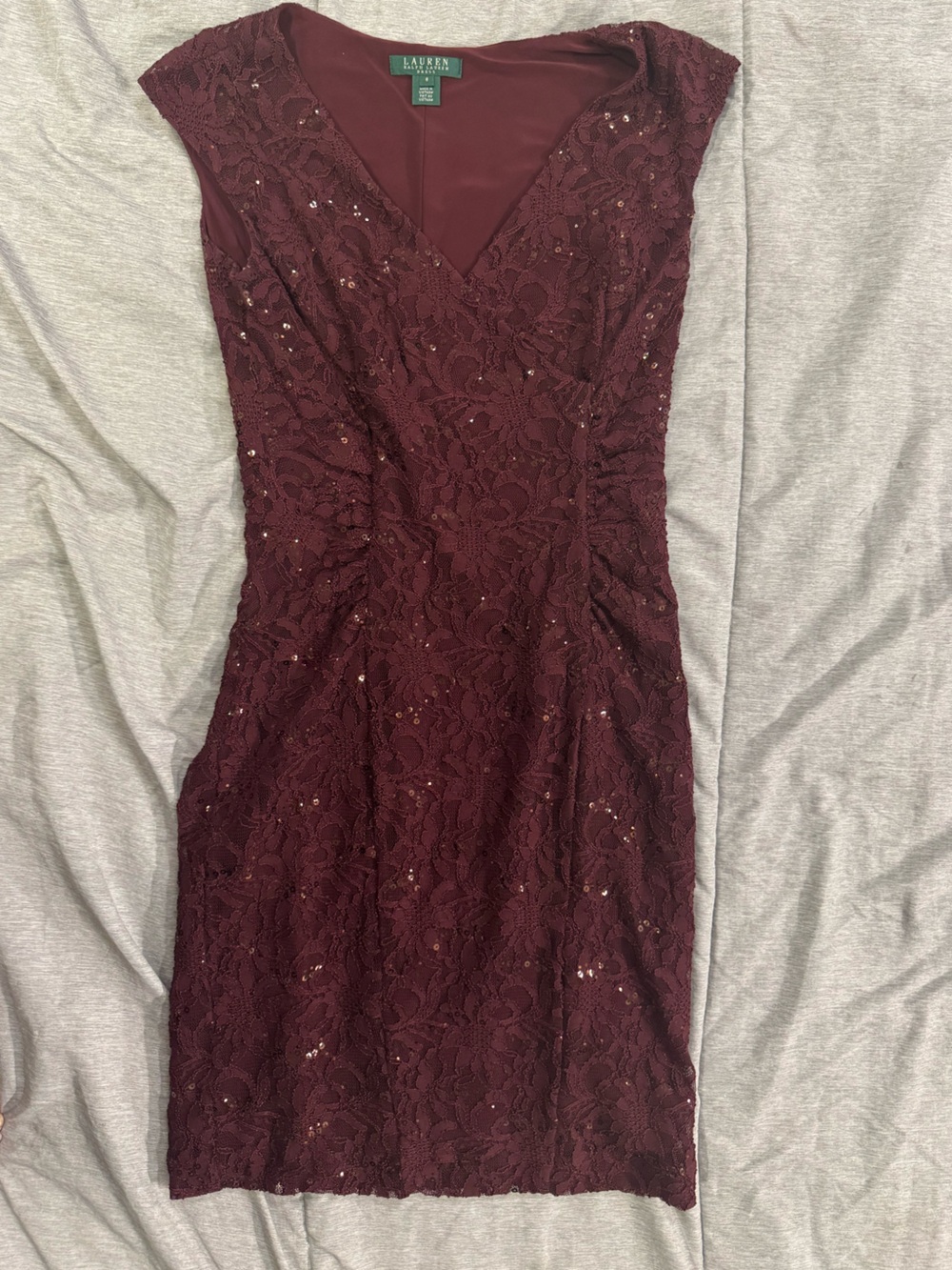 Ralph Lauren Burgundy Lace Pencil Dress with Sequins